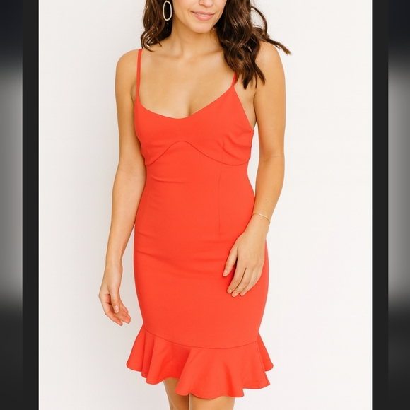 Saints + Secrets Spaghetti Strap Mini Dress Ruffle Hem In Tangerine Orange - Picture 1 of 6